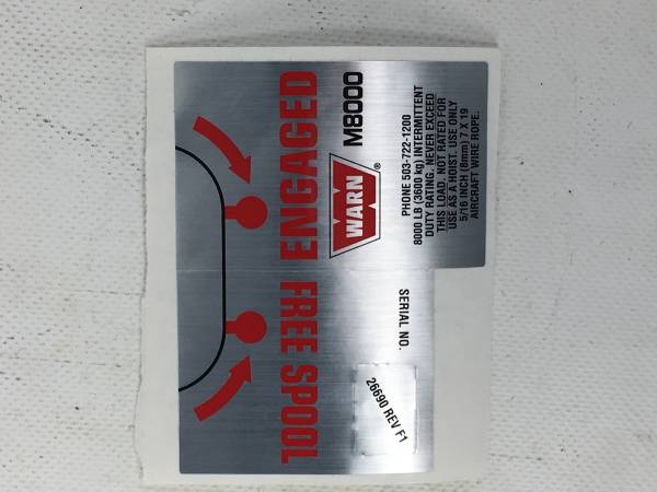 Warn - Warn Winch Label 26690